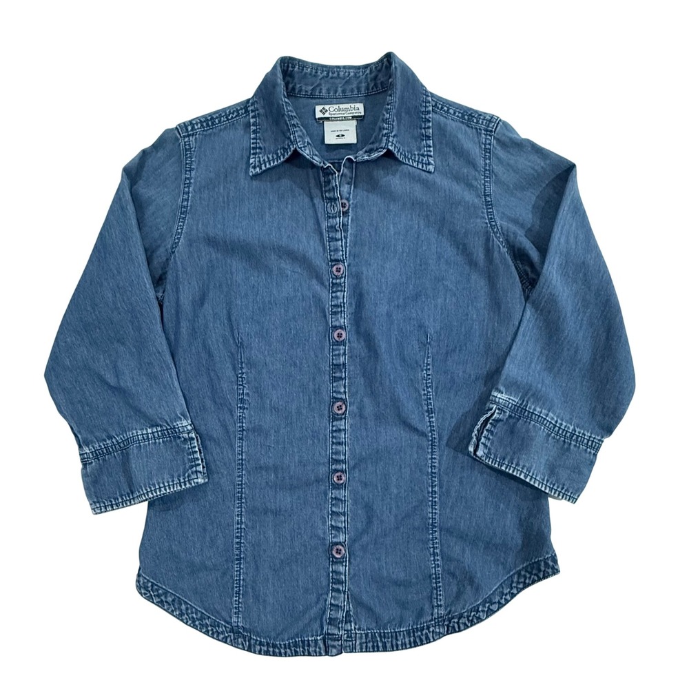 Columbia Sportswear Company Womens Denim Shirt Button Up 3/4 Sleeve Size S 336
